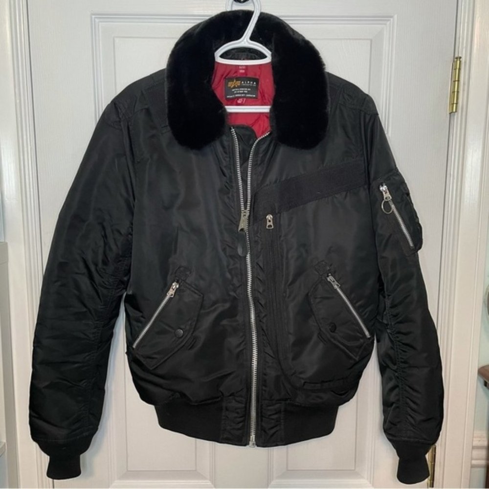 Alpha Industries Black Bomber Jacket Fur Collar Small